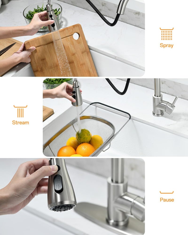 kicimpro Kitchen Faucet with Pull Down Sprayer, Zero Leakage 3 Hole Brushed Nickel RV Kitchen Sink Faucet with Water Line, NSF Certified Lead-Free 304 Stainless Steel Pull Down Kitchen Faucet Seats - Image 5